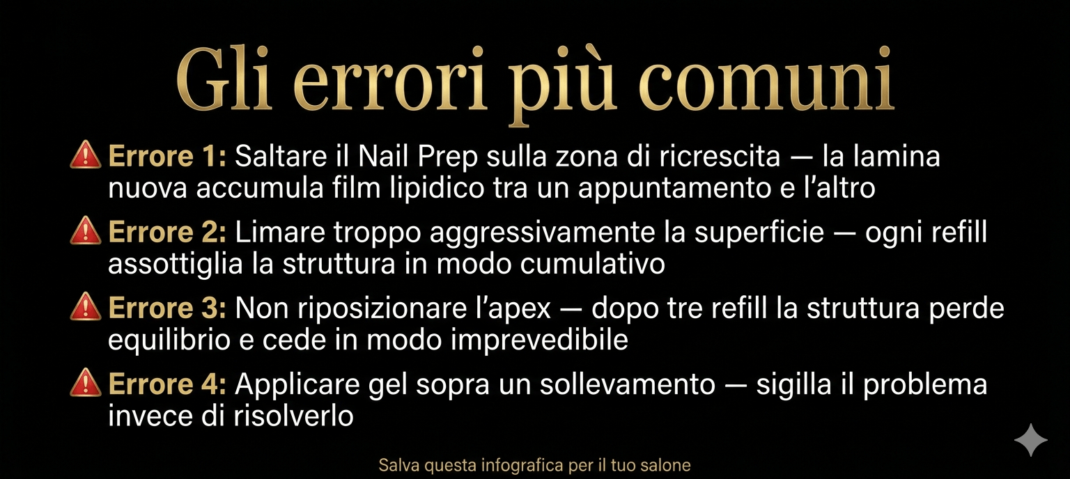 Infografica "Gli errori più comuni" nel refill delle unghie in gel — 4 errori tecnici che compromettono la struttura in salone